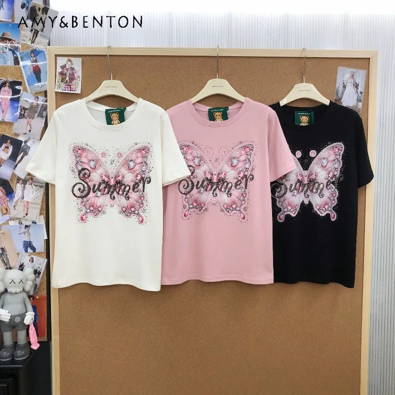 

American Style Fashion Heavy Rhinestone Butterfly Print Multi-color T-shirt Trendy Versatile O-Neck Short Sleeved Tshirts Ladies