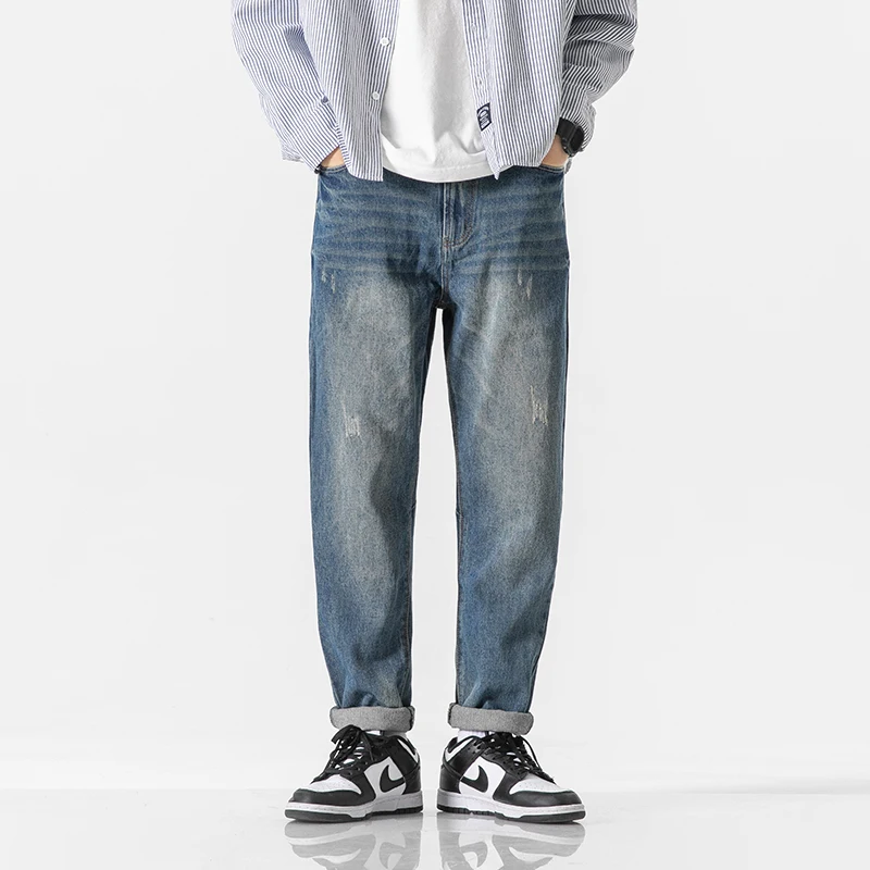 

Джинсы прямого кроя в американском стиле, свободные, мужские, осенне-зимние, новые, модные, повседневные, с эффектом потертости, зауженные, длинные брюки