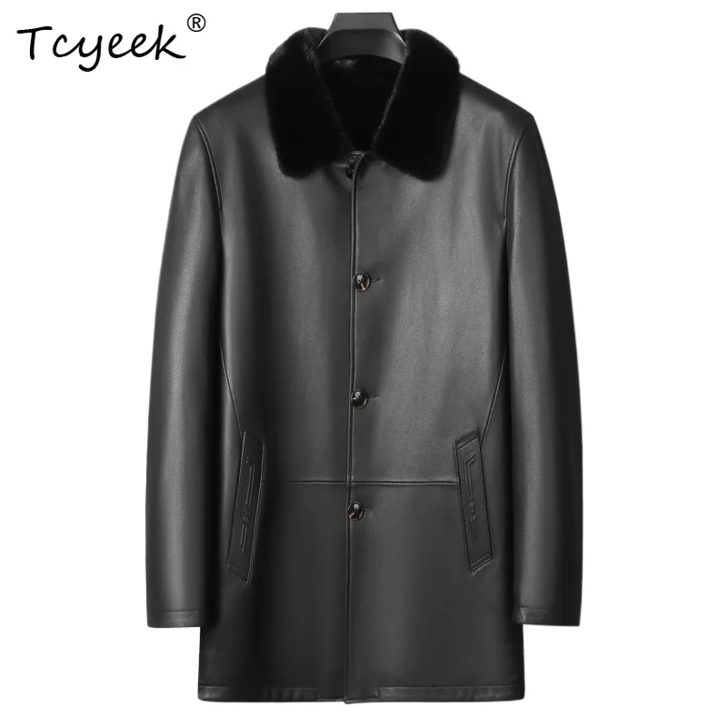 Tcyeek Goatskin Real Leather Jacket Men Natural Mink Real Fur Coat Fashion Mens Coats Winter Clothes Mid-length Куртка Мужская