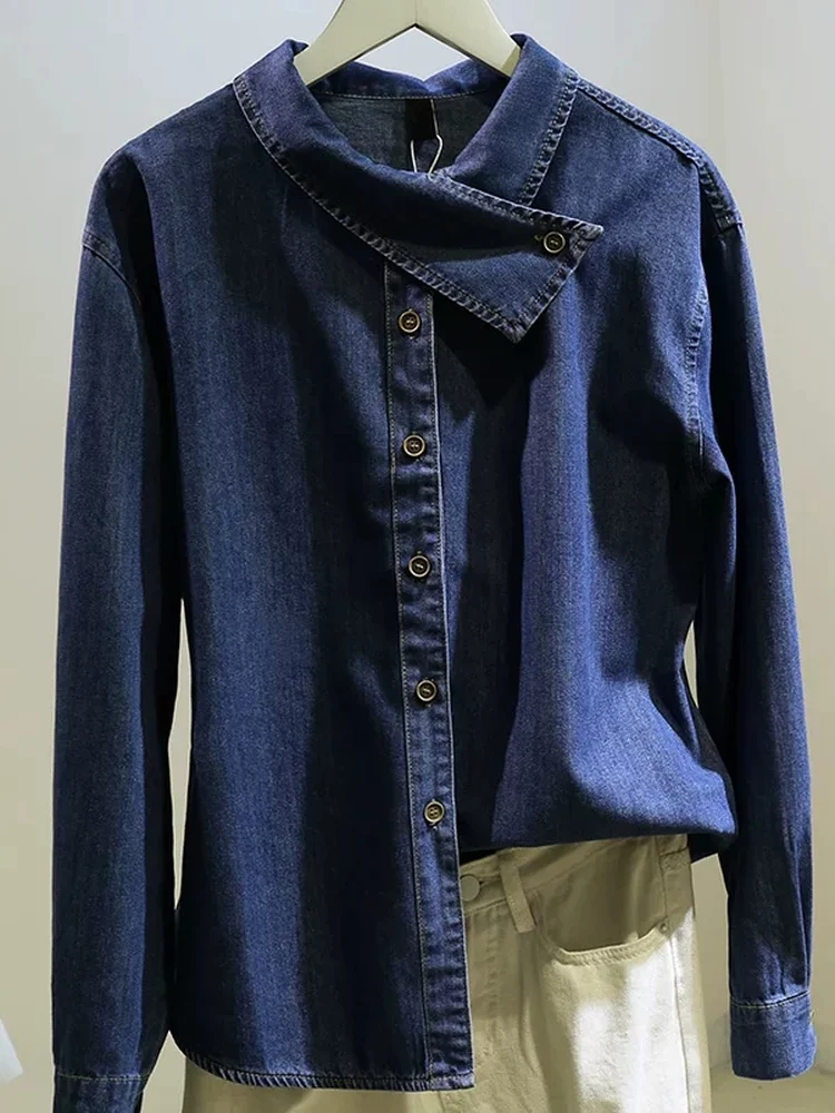

Chic Vintage Korean Design Cross Ne Denim irt Women's Loose Versatile Anti Aging Commute Sle Top Spring Season