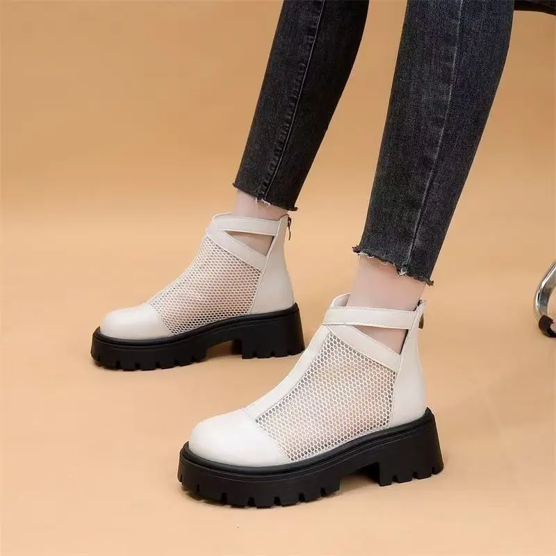 

Women's Block Heel Mesh Hollow Out Cool Boots Spring Summer New Thick Sole Non Slip Breathable Round Toe Zippers Ankle Boots