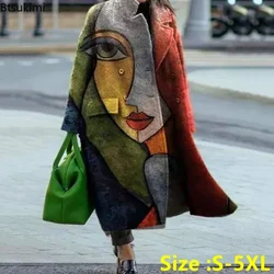 2024 Women's Warm Coat Long Sleeved Lapel Jackets Elegant Temperament Winter Coat Warm Loose Printed Pockets Women's Clothes 5XL