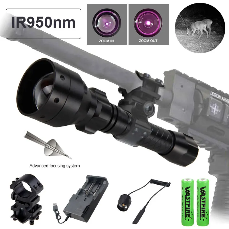 

850nm/940nm Hunting Flashlight Zoomable Adjustable IR Infrared Light Black Night Vision Torch+18650 Battery+Rifle Scope Mount