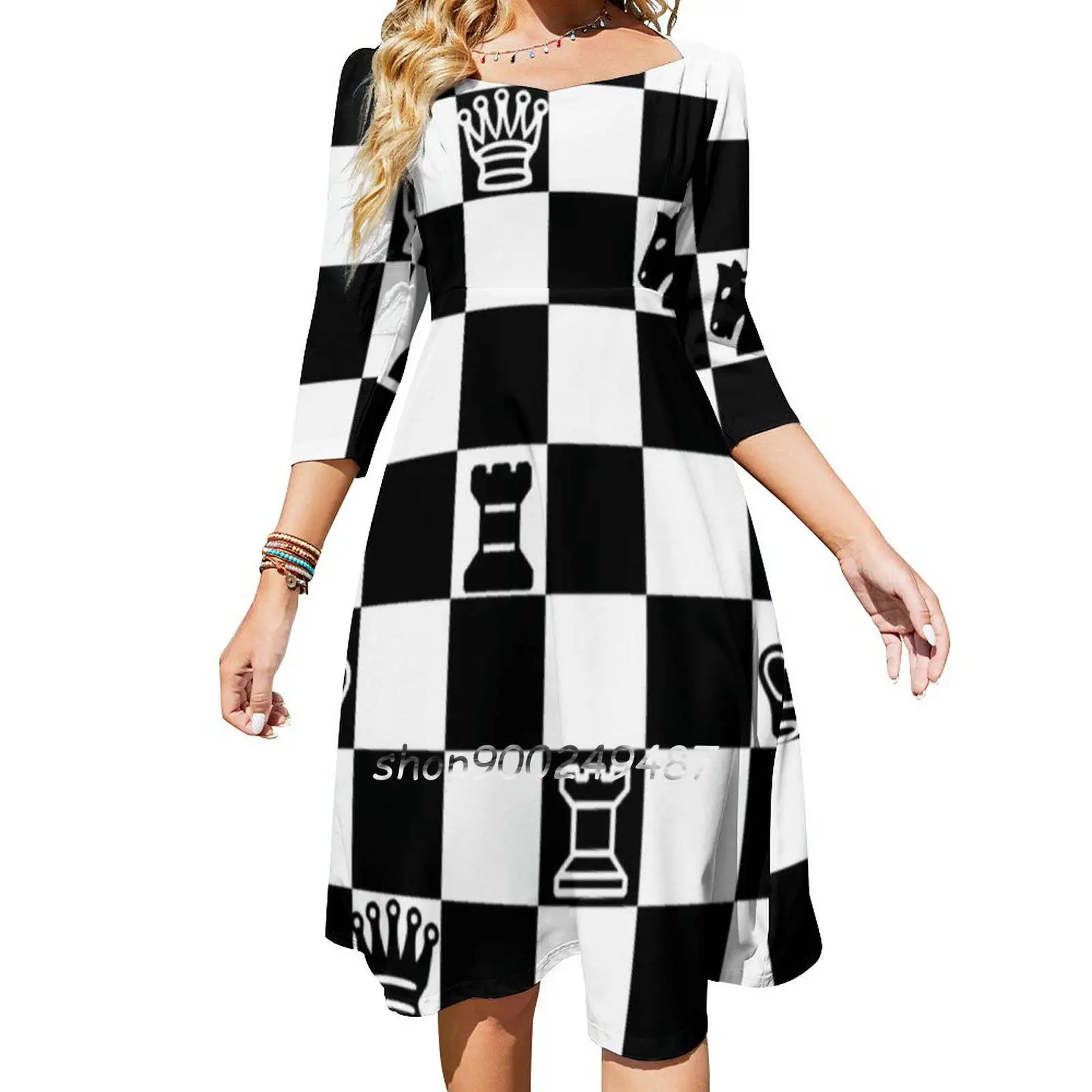 Chess Sweet Elegant Dress Women Korean Kawaii Square Collar Dress Chess Board Chess Play Pieces Awesome Harmony Fantasy