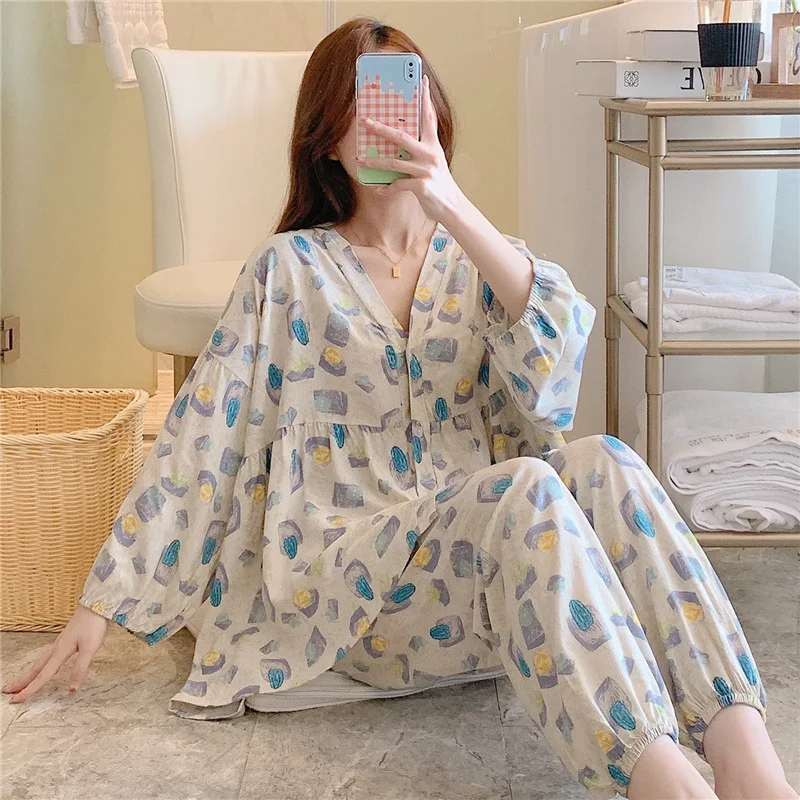 Baggy Pajama Sets Women Lantern Sleeve Summer Elegant New Sleepwear Simple Lady Thin Breathable Mixed Color Casual Sleepwear