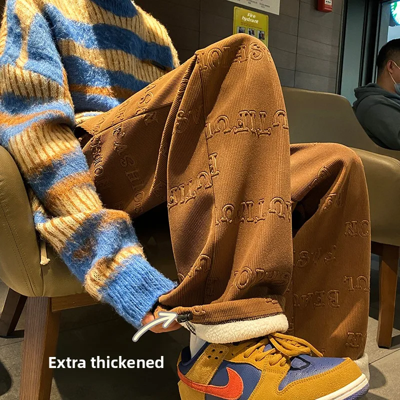 

Men's Fce Lined Thiened Winter Sports Pants Straight Leg Loose Casual Long Trousers Letter Embroidery Wide Leg Pants