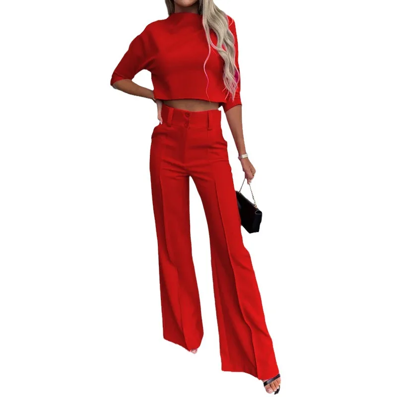 2023 Women Korean Solid Short Tops Two Piece Sets Simple Round Neck Loose Straight Long Pants Set High Waist Ladies Autumn