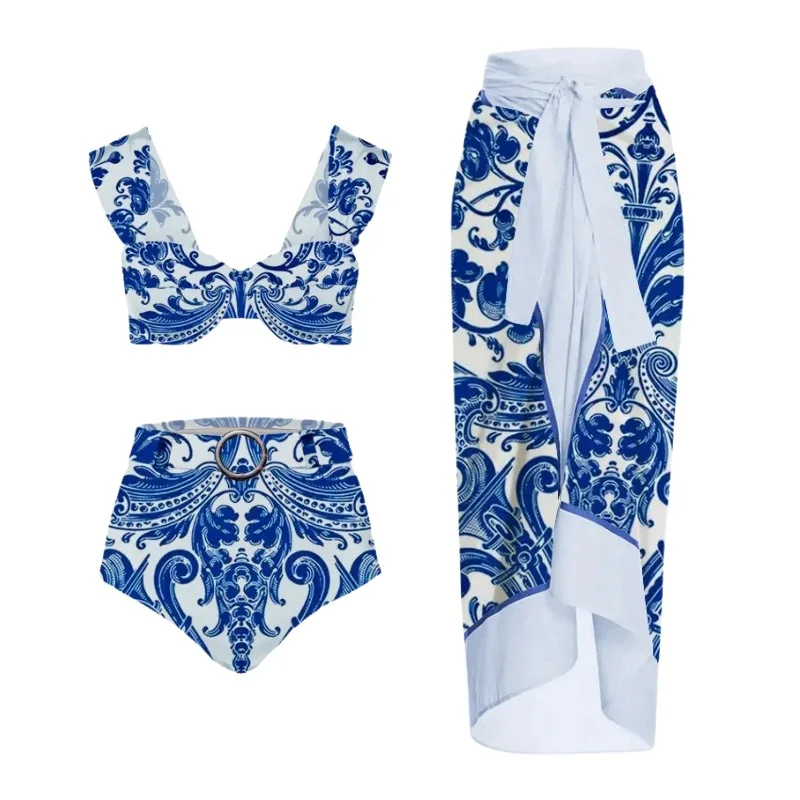 

Women's High Waist Push Up Bikini Set, Flower Swimsuit Dress, Print 3 Pieces Swimwear, Ruffle Beach Bathing Suit, Skirt