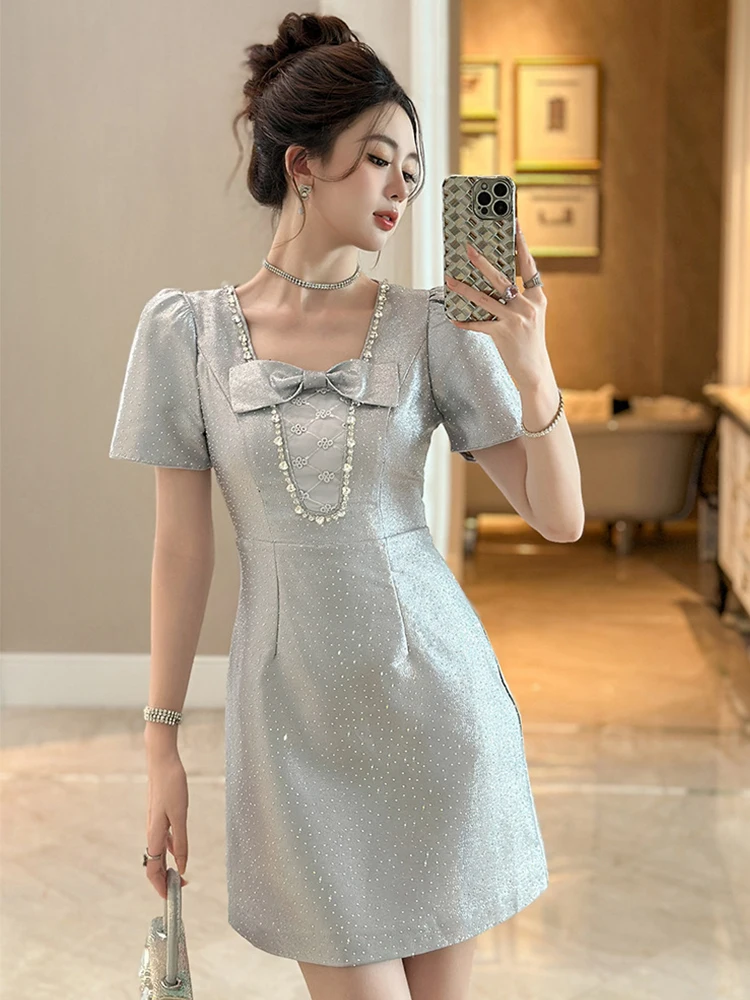 

Элегантное мини-платье для ночного клуба, женское сексуальное милое серебристое платье с блестками, стразами и бантом, облегающее короткое платье для выпускного вечера и вечеринок