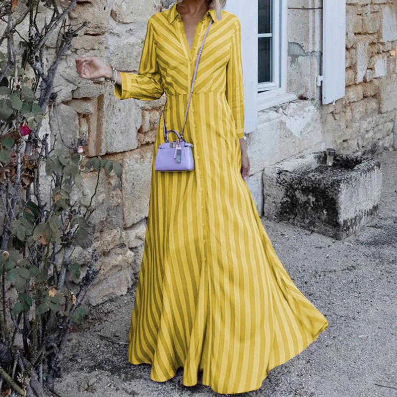 

Wepbel Striped Dress Big Swing Full Length Fashion Shirt Dress Women Elegant Long Sleeve High Waist Midi Summer Maxi Dress