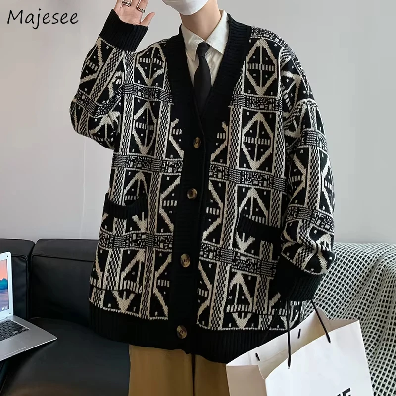 

Knitted Cardigans Men American Vintage Loose Couples Plaid Fashion Coats High Street Long Sleeve Sweaters All-match Outwear New