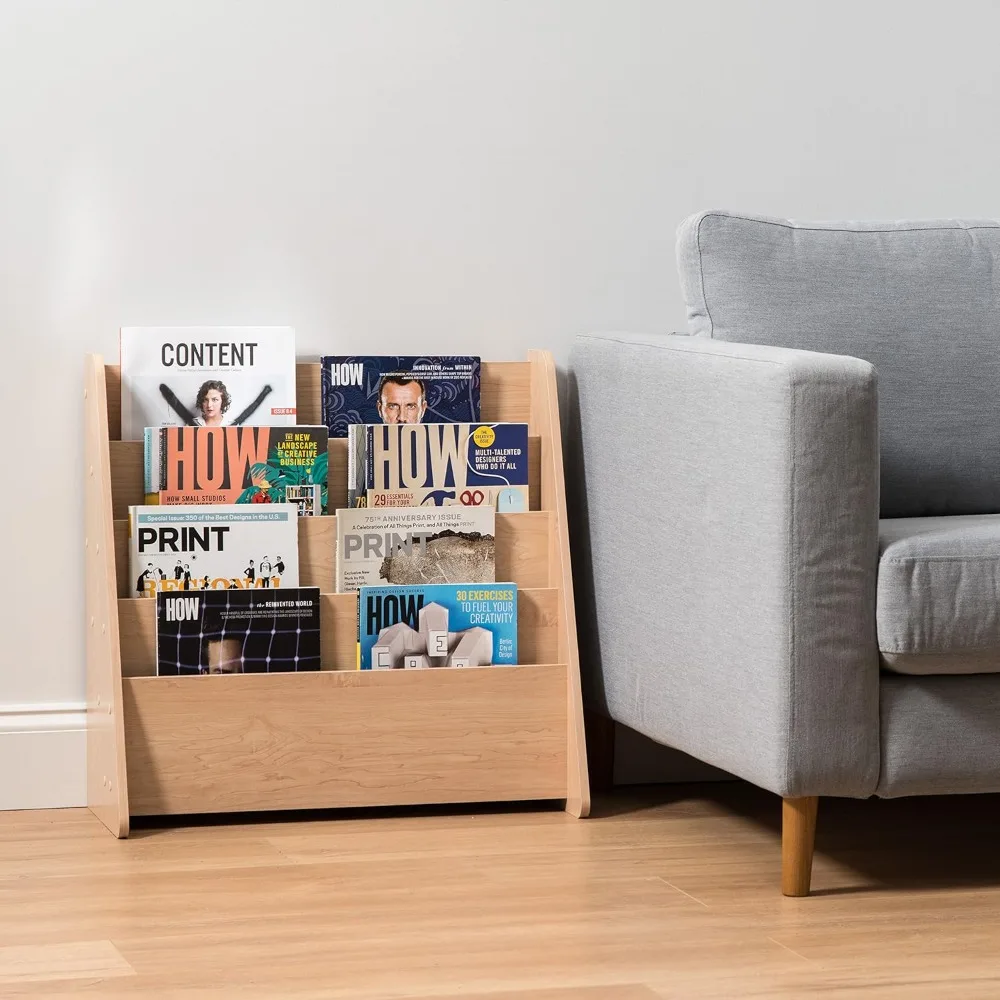 ワイド木製マガジンラック、4ポケット定期本スケッチブックスタンド、深いコンパートメント付き、リビングルーム、教室、オフィス用