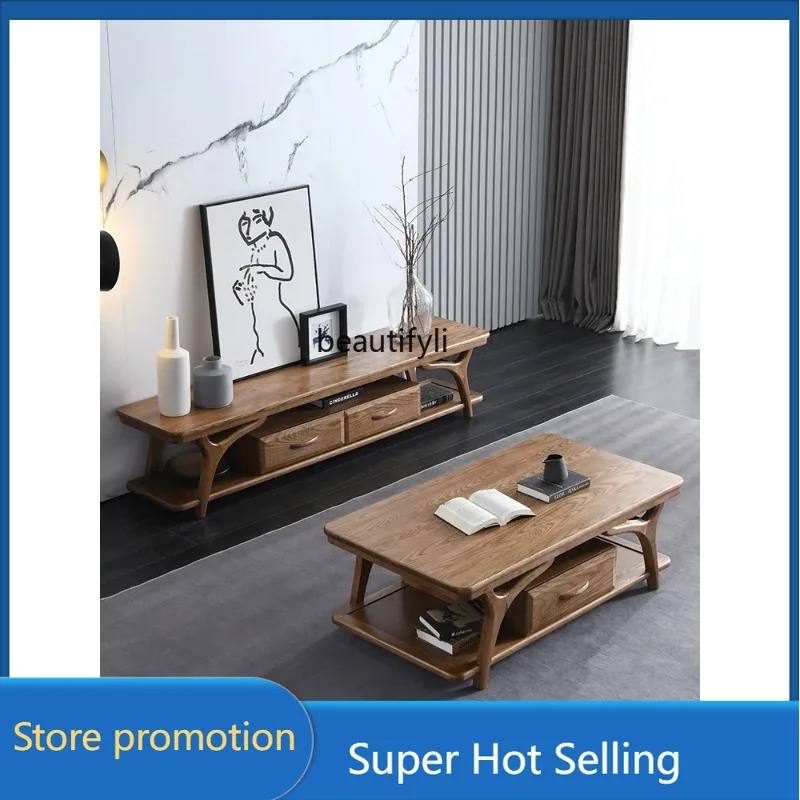 

a485 Nordic solid wood coffee table marble slate living room small apartment new Chinese ash wood coffee table TV cabinet combin