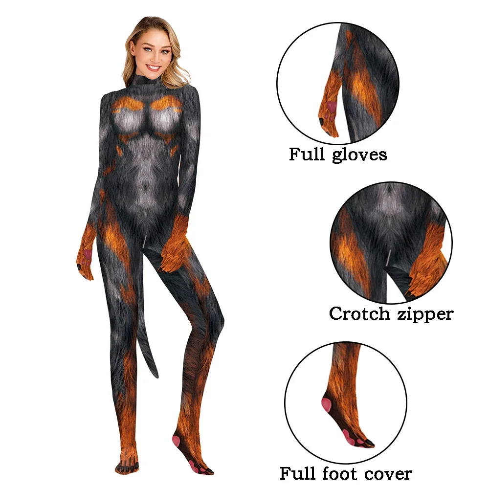 Wolf Print Cosplay com cauda Virilha para Casal, Festa de Halloween, Bodysuit Zentai, Catsuit com zíper, Roupa Animal, Disfarce