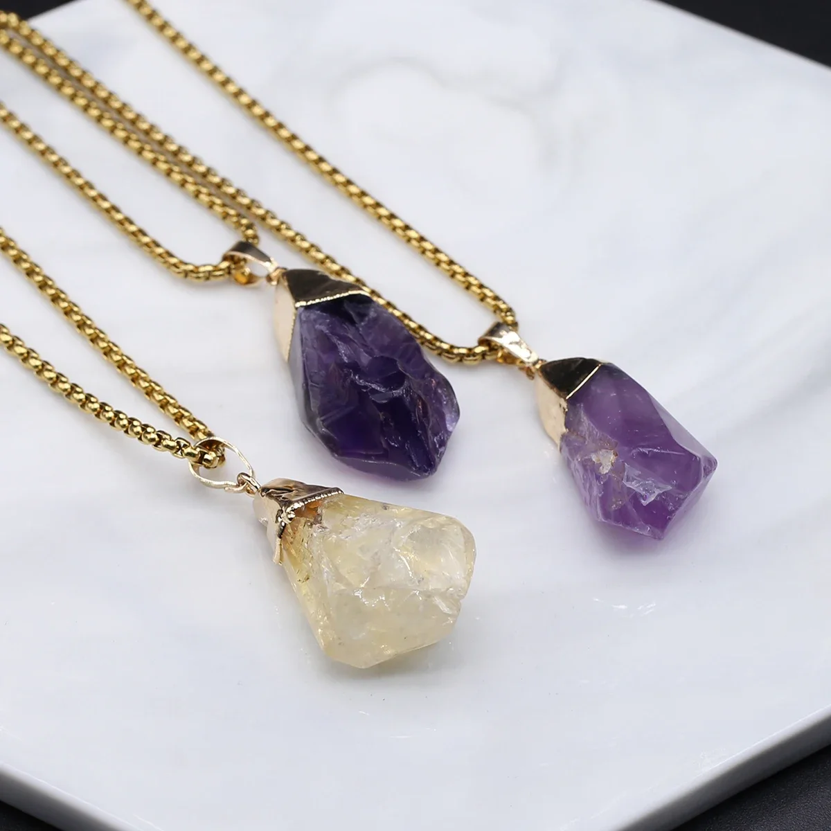 Fashion Natural Irregular Rough Quartz Crystal Energy Charms Amethysts Citrine Pendant Necklace Jewelry Accessories Gift