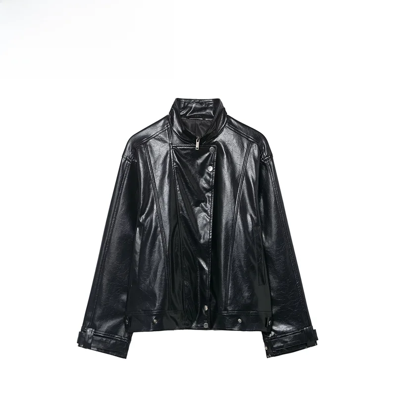 

Faionable Simple Large ape Motorcycle Jaet for Women ZR Autumn New Sle Synthetice Leather Coat Sli Personali