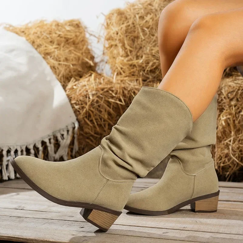 Women Pleated Mid Calf Boots New Fashion Designer Shoes Round Toe Slip on Mid-calf Boots Low Heel Boots Women Shoes for Women image 5