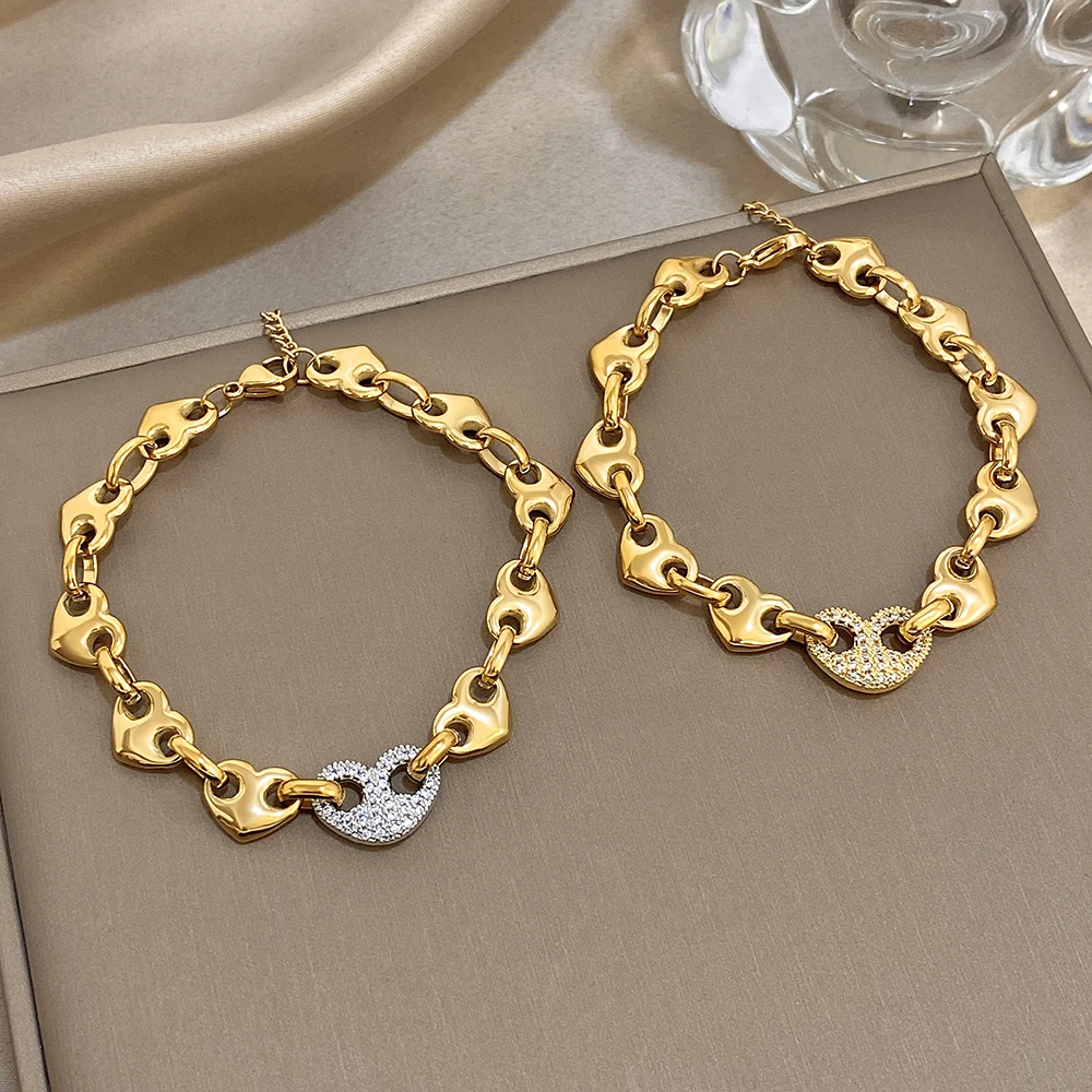 

Freetry Exquisite Stainless Steel Heart Chain Bracelet Women Elegant Geometric Rhinestone Charm Bracelet Waterproof Jewelry Gift
