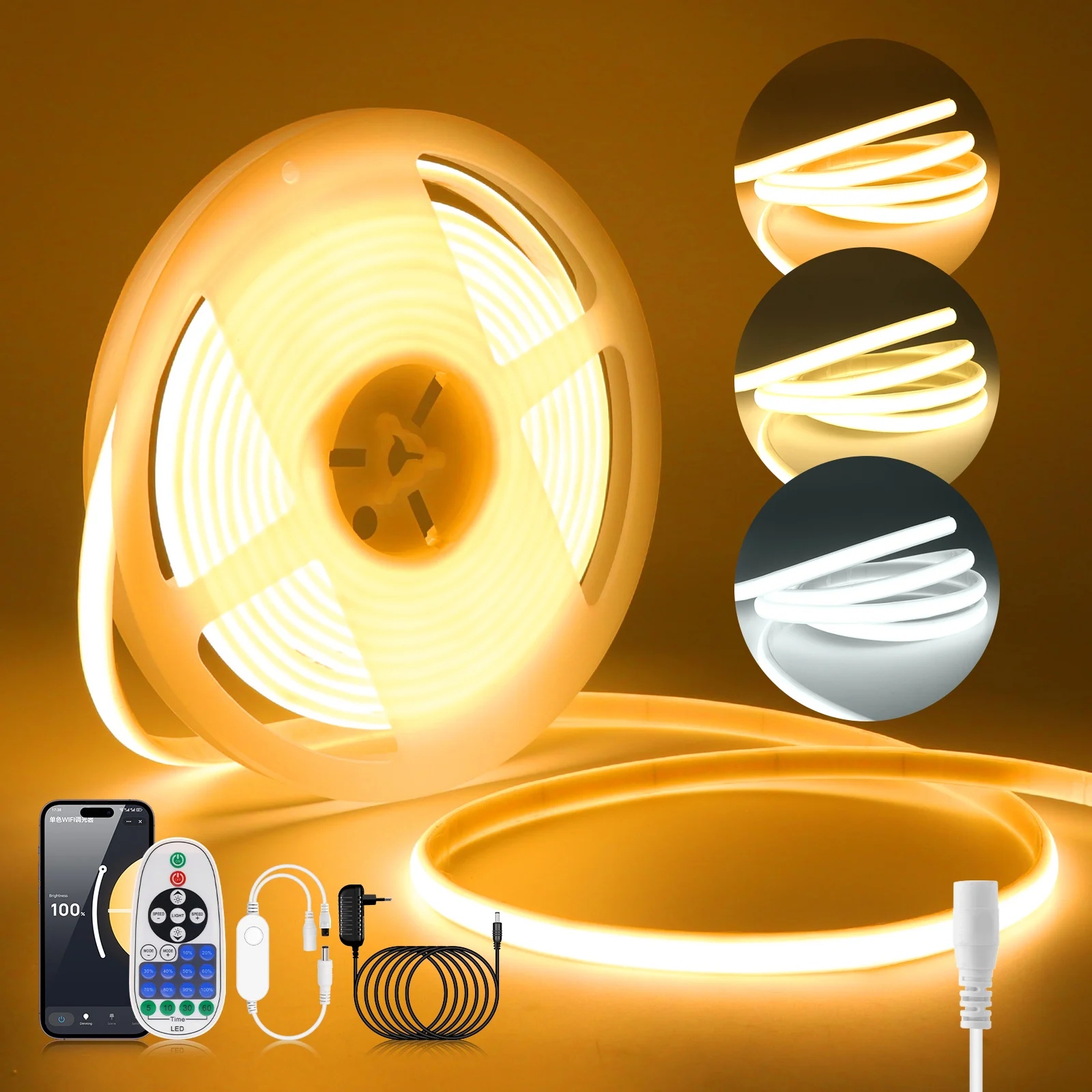 تيار مستمر 12 فولت 24 فولت مقاوم للماء COB قطاع عدة مع محول الطاقة + التحكم عن بعد WIFI APP عكس الضوء حليبي أبيض مرن LED ضوء النيون #3