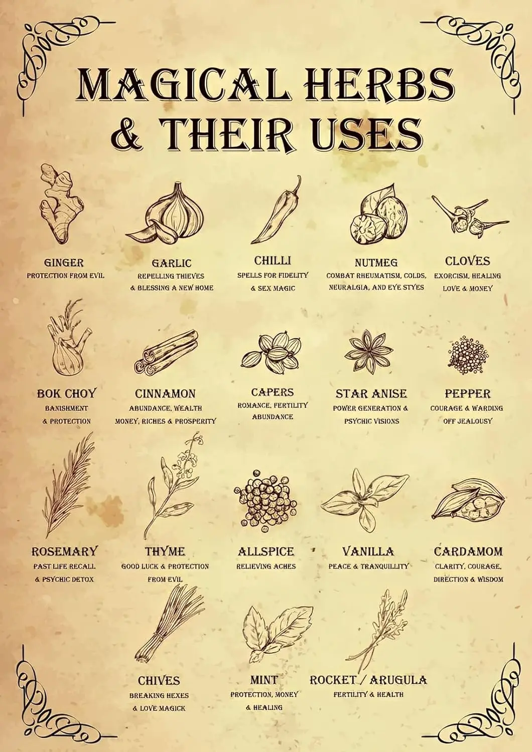 Magical Herbs Poster - Hedge Witch, Garden Witch, Magickal Uses Herbal Magick Library Cafe Living Room Kitchen Home Art Wall Dec