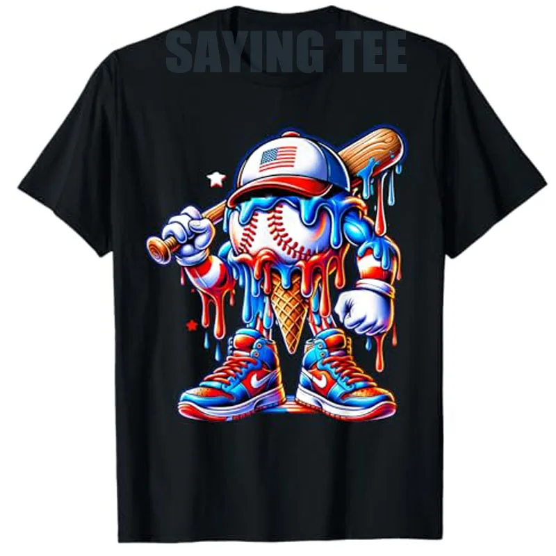 

Ice Cream Drip Baseball Bat with 4th of July T-Shirt Tops Boys Fashion Red White and Blue Baseball Player Y2k Design Graphic Tee