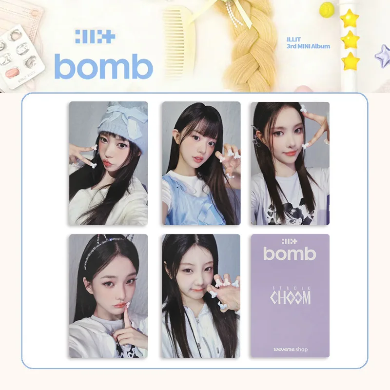 5 шт./компл. Kpop Idol Girl ILLIT новый альбом серии BOMB HD печатные фотокарточки YUNAH IROHA Lomo карты MINJU MOKA WONHEE фанаты Фото №4
