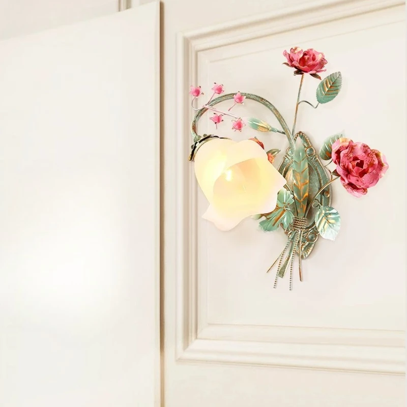 Rural wrought iron bedside lamp, flower and grass mirror, front decorative lighting, double headed hallway, room wall lamp