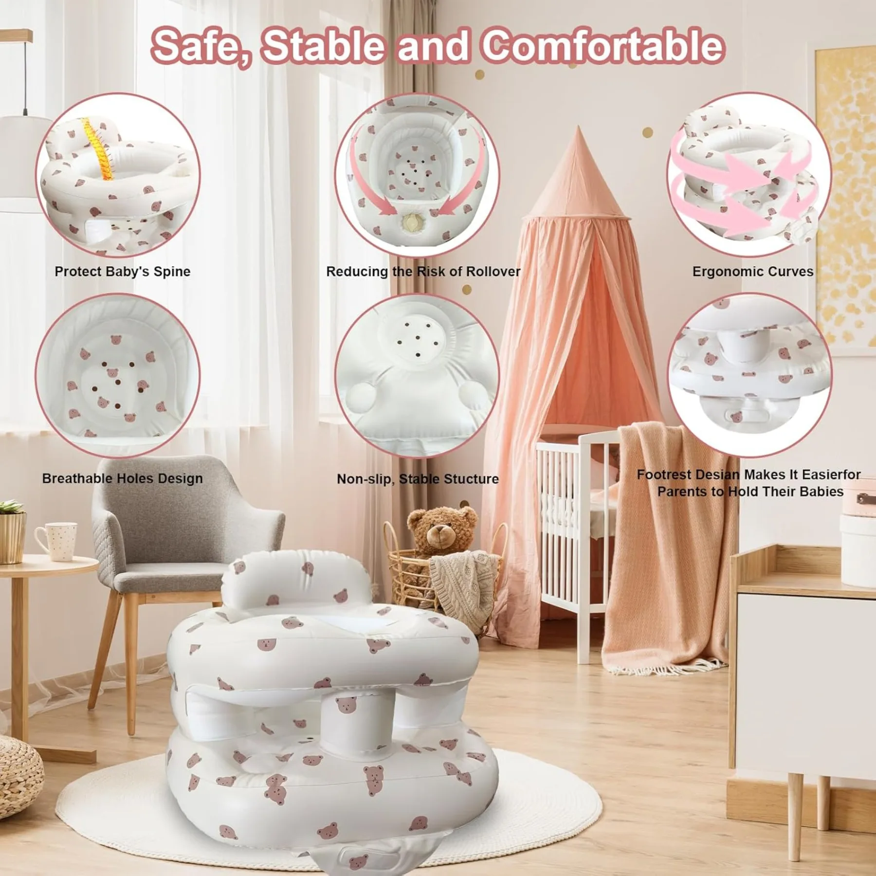 Inflatable Baby Seat 3-36M, Portable Blow-Up Chair with Fence, Air Pump & Back Support, Bear Style for Home Travel image 3