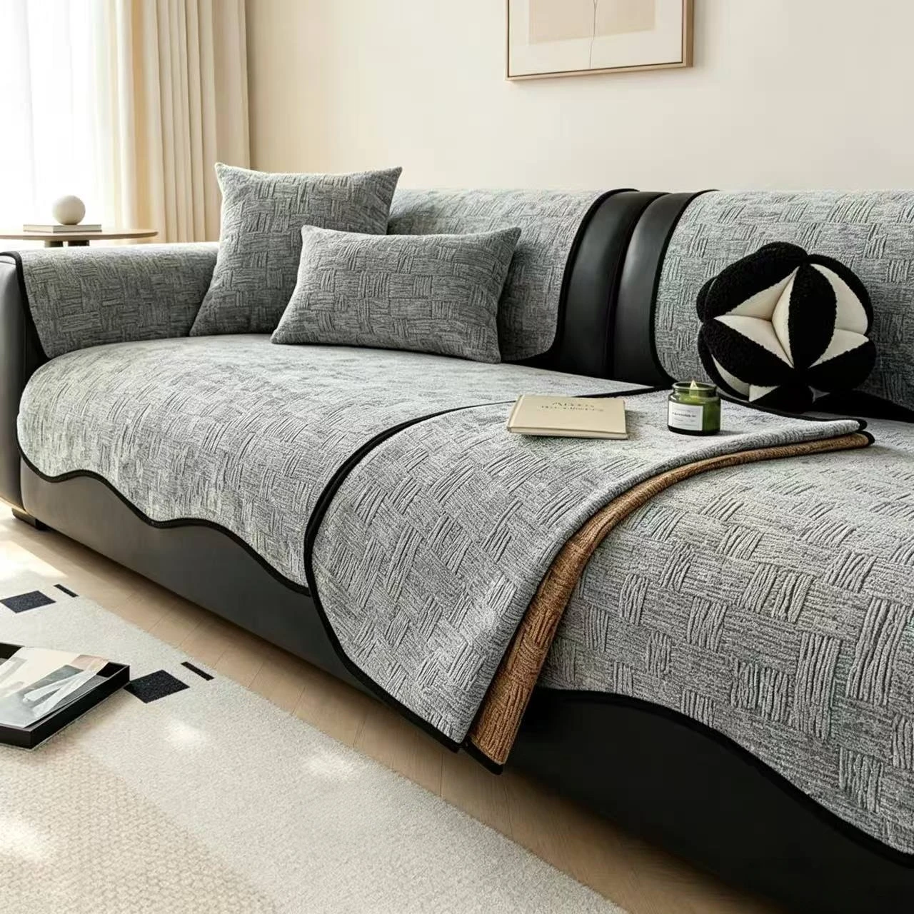 Geometric Jacquard Luxurious Chenille Sofa Cover with Decorative Stitching, Machine Washbale Pet Friendly Couch Seat Cover
