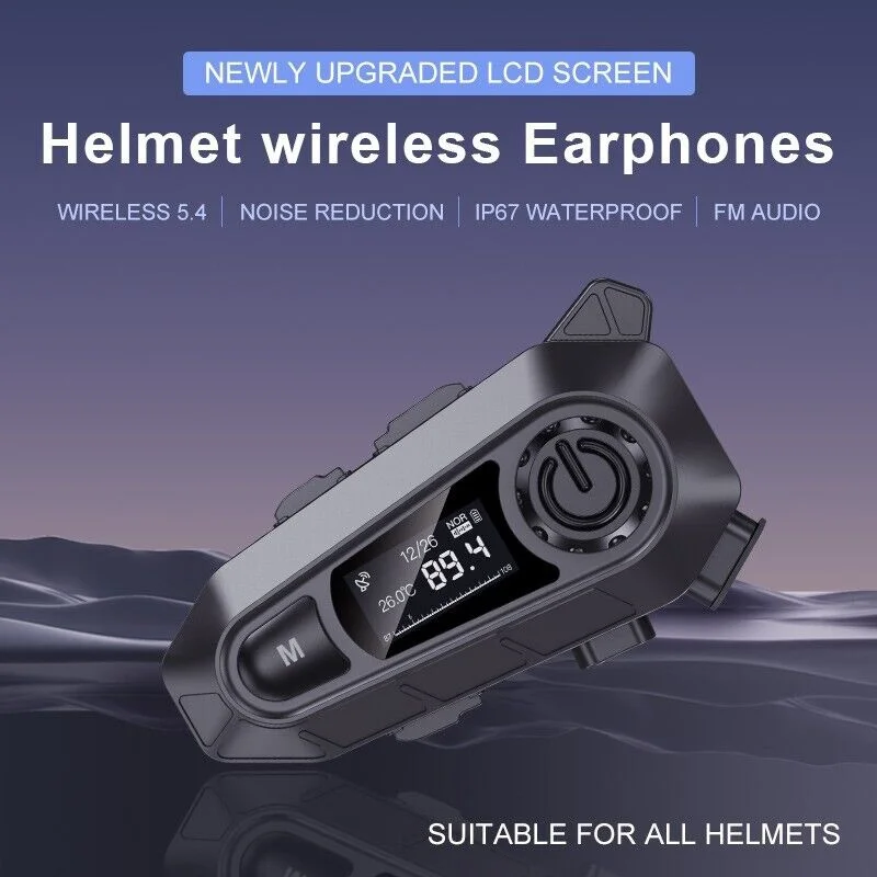 Motorcycle Helmet Headset Wireless Handfree Call Waterproof BT 5.4 Moto Headphone With FM Radio Large LED Display For Rider