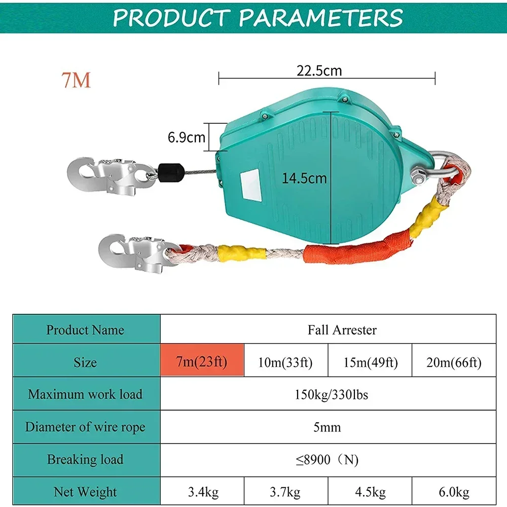 Steel Wire Rope 23ft Fall Protection 330lbs Fall Arrester Self Retracting Lifeline Body Safety Harness Harness Safety
