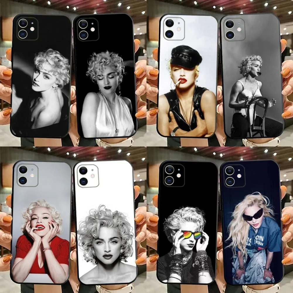 Sänger Madonna 80er Jahre Handyhülle für iPhone 15,14,13,12,11,Plus,Pro Max,XS,X,XR,SE,Mini,8,7 Weiche Silikon-Schutzhülle in Schwarz