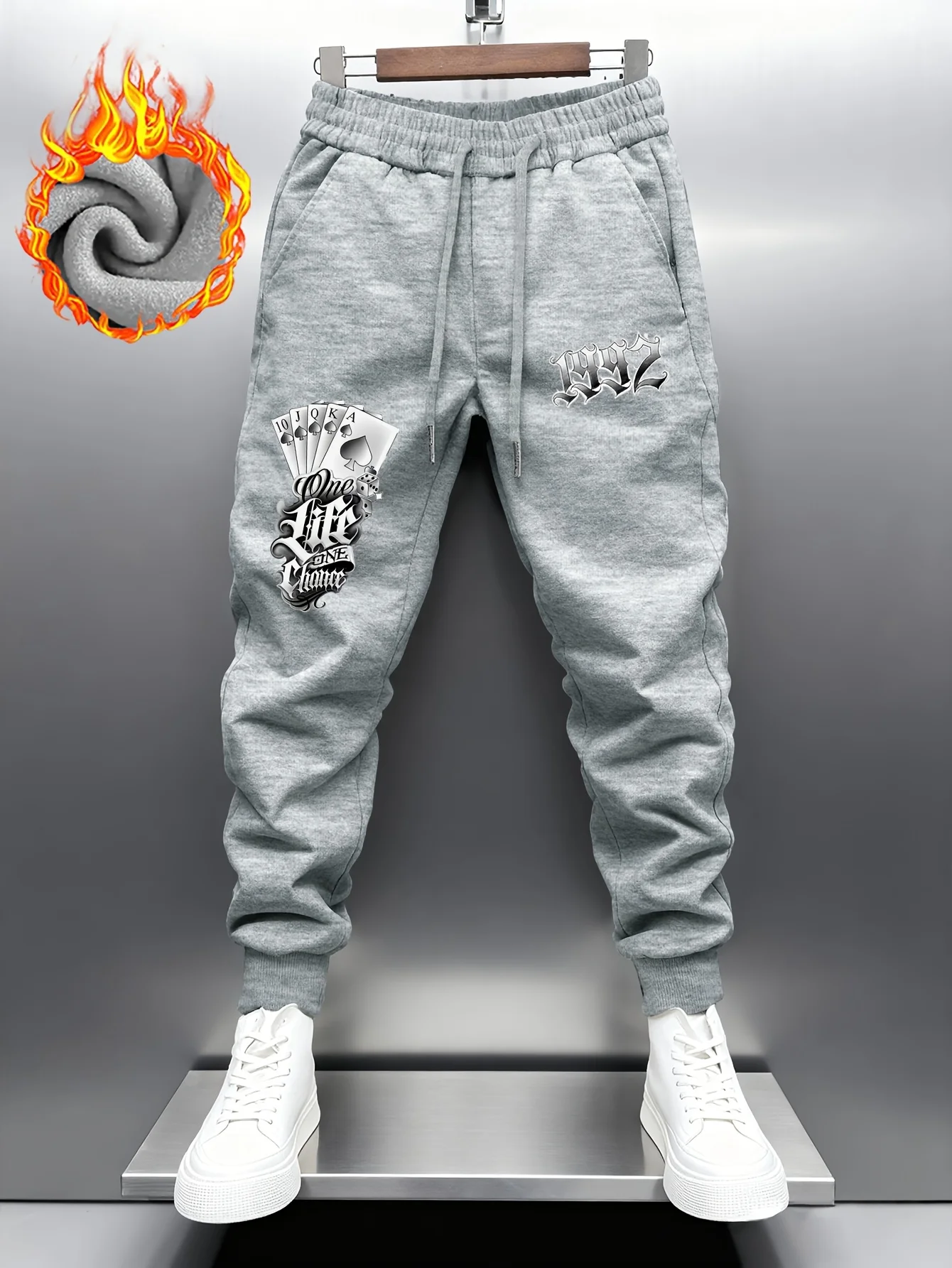Retro‑vibe playing‑card gothic font numeral graphic street‑style dual‑side sweatpants men hip hop sports jogger trousers