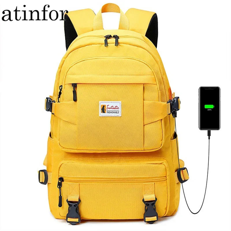 atinfor Fashion Yellow Backpack School Bags Girls Waterproof Oxford School Bookbag for Teenagers with USB Port