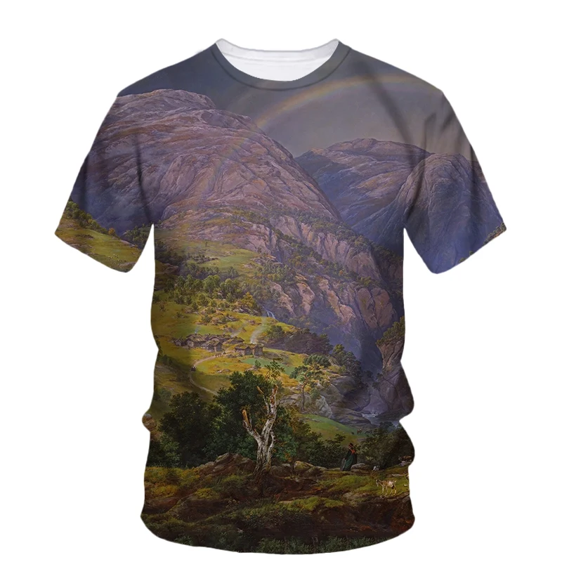 Summer New Landscape Oil Painting Art graphic t shirts Fashion Literary Youth Casual Tees Personality Men Printed O-neck Tops