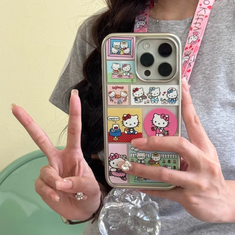 Cute Cartoon Sanrio Hello Kitty illustration transparent Phone Case For iPhone 15 14 13 12 11 Pro Max Shockproof Hard IMD Cover