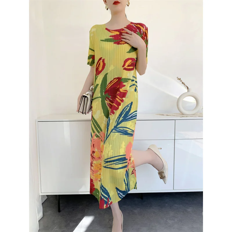

MIYAKE Spring and summer pleated dress fashionable age reducing loose fit plus plus size medium to long pleated style [L-1083F]