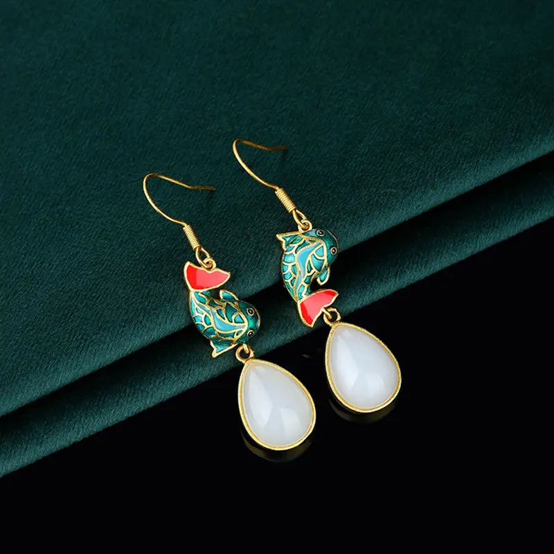 Silver Needle New Chinese Natural Chalcedony Annual Fish Earrings High-end Versatile Earrings Aretes De Mujer Modernos Jewelry