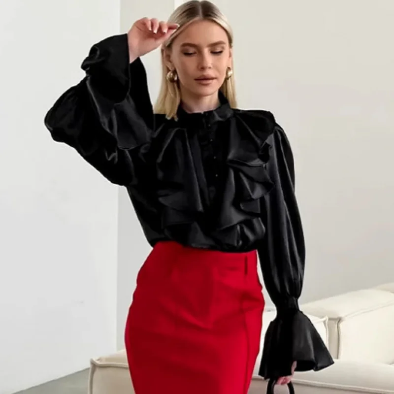 جديد الخريف الشتاء الفرنسية أنيقة بلوزة المرأة كشكش الوقوف طوق لامعة جرس كم قميص أنيق #4