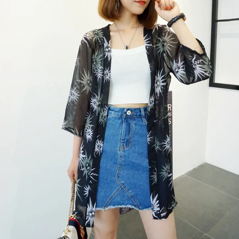 Women\'s Summer Coat Print Mid-length Cardigan Thin Anti-UV Sun Protection Clothing Chiffon Shirt Outerwear