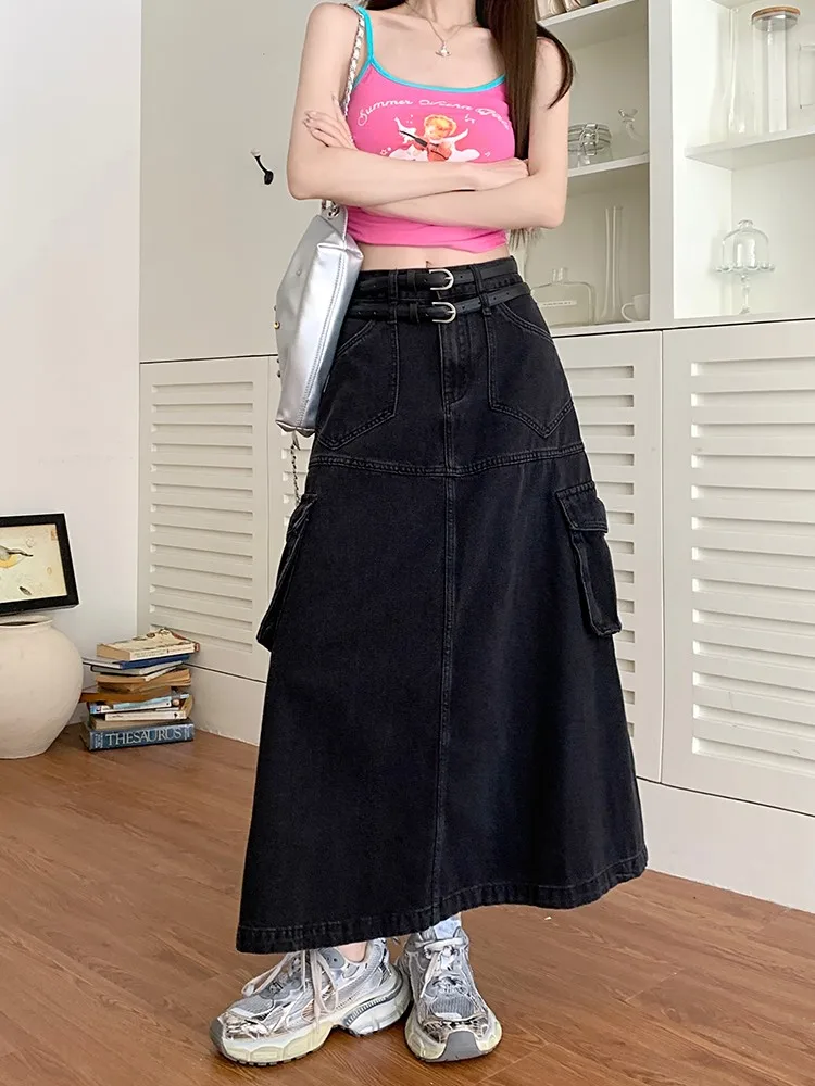 

S-XL Long Denim Skirt 2023 korean style Double Waist Safari A Line Midi Skirts Women Long Jean Skirt Style (L60070