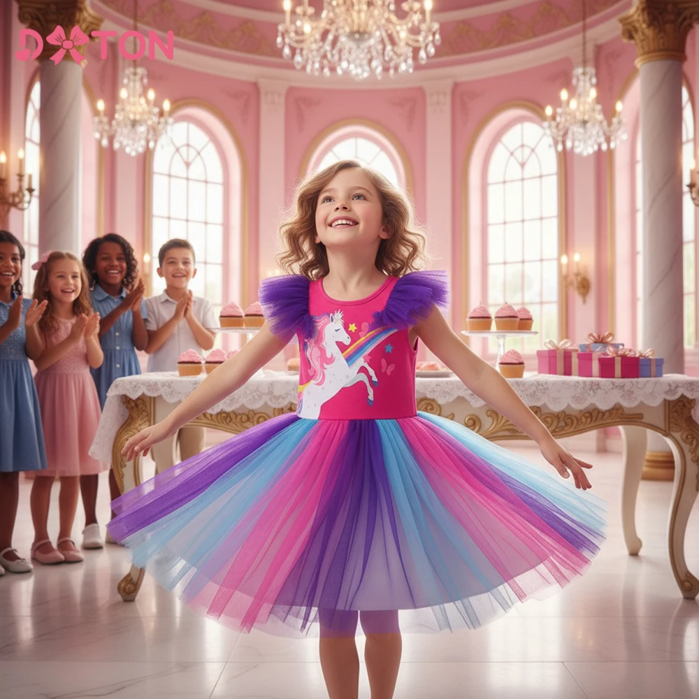 

DXTON Ruffled Sleeveless Girls Dress Unicorn Rainbow Summer Kids Princess Outfit Mesh Contrast Colors Children Dancing Costumes