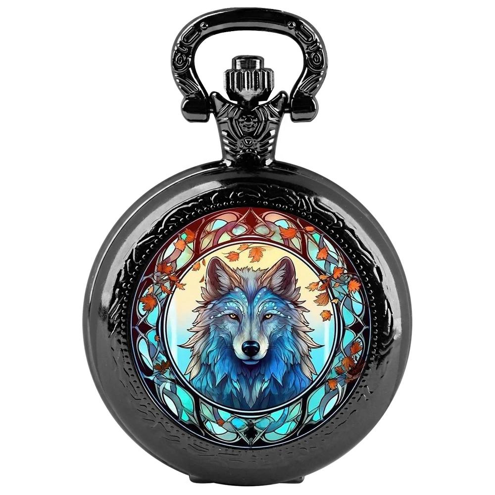 Wolf Glas Muster Patch Quarz Taschenuhr, exklusives Design, Geschenk für Jungen und Mädchen