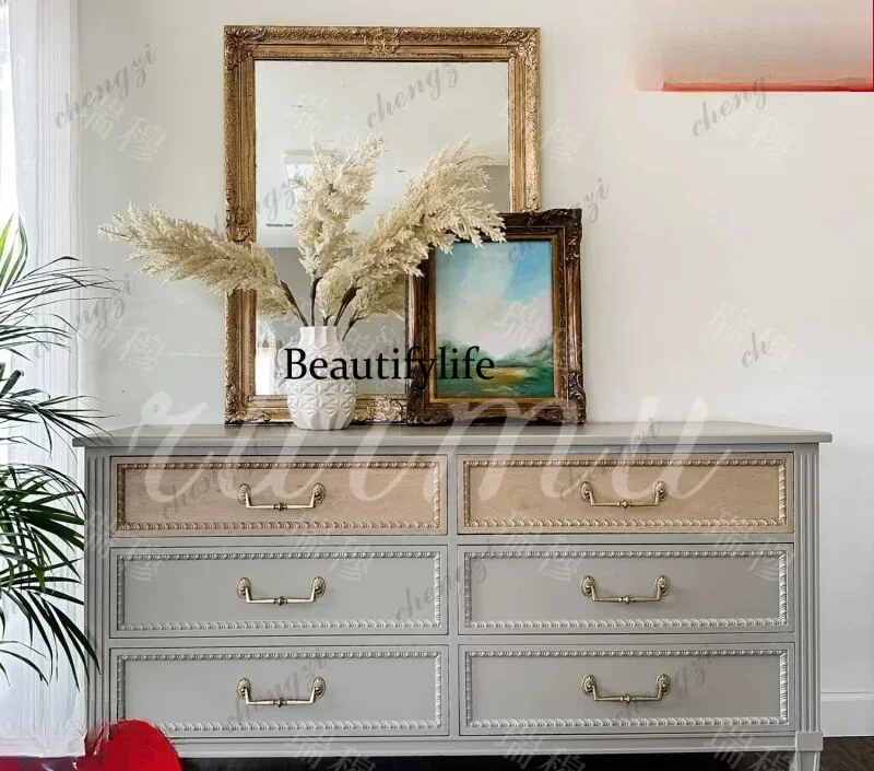 A17 French retro engraved color matching solid wood bucket cabinet American country storage cabinet living room bedroom