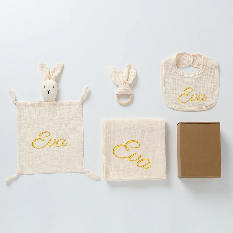 

4pcs/Set Personalized Name Muslin Cotton Baby Blanket + Baby Comforter Towels +Baby Teether +Baby Bib Newborn Gift Sets