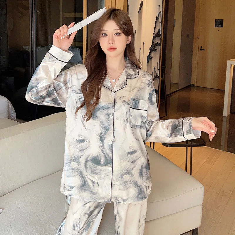 Women 2 Piece Pajamas Set Ink Floral Pijama Faux Silk Satin Pyjama Female Sleepwear Long Sleeve Lapel Shirt Pants Suits Homewear