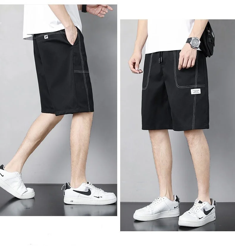 

Summer running shorts men's solid color line design fitness shorts casual elastic waist loose straight quick drying shorts