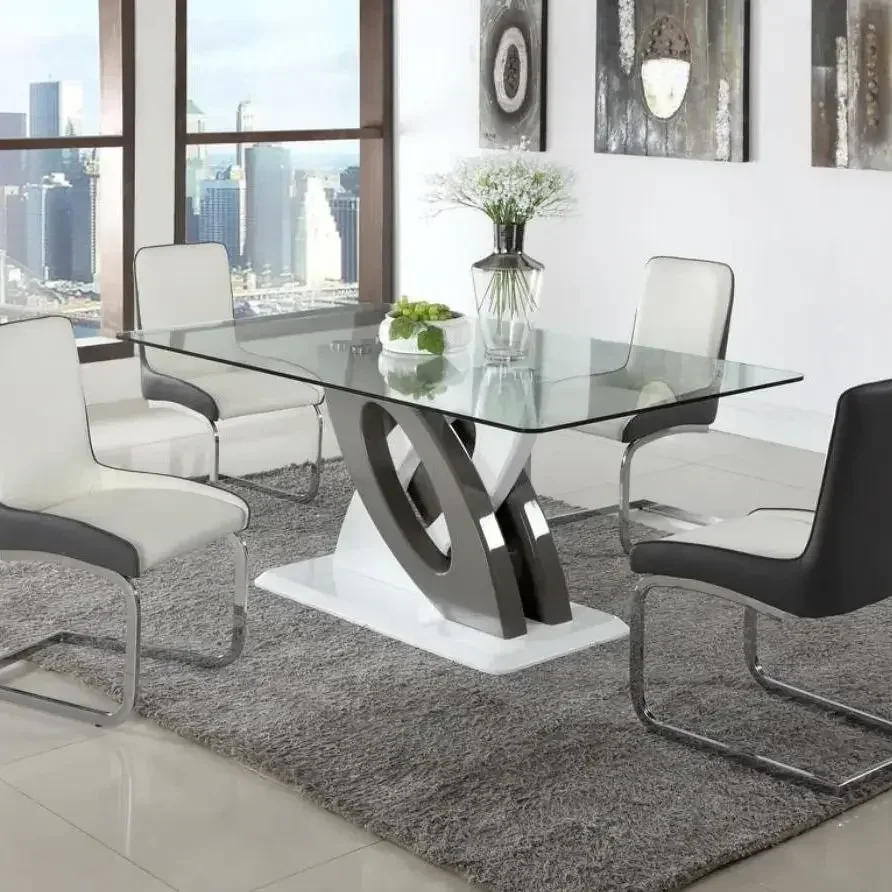 Modern Dining Table Rectangular Dining Table Clear Tempered Glass Top - Grey/White Base Living Room Furniture