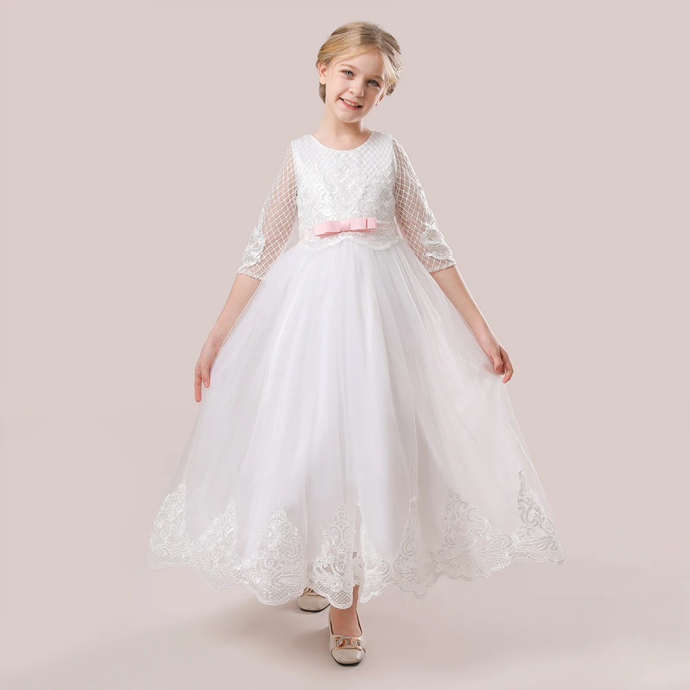 Teen branco rendas vestidos de dama de honra meia manga crianças traje primeiro comunhão vestido de festa de casamento para meninas princesa vestido de baile