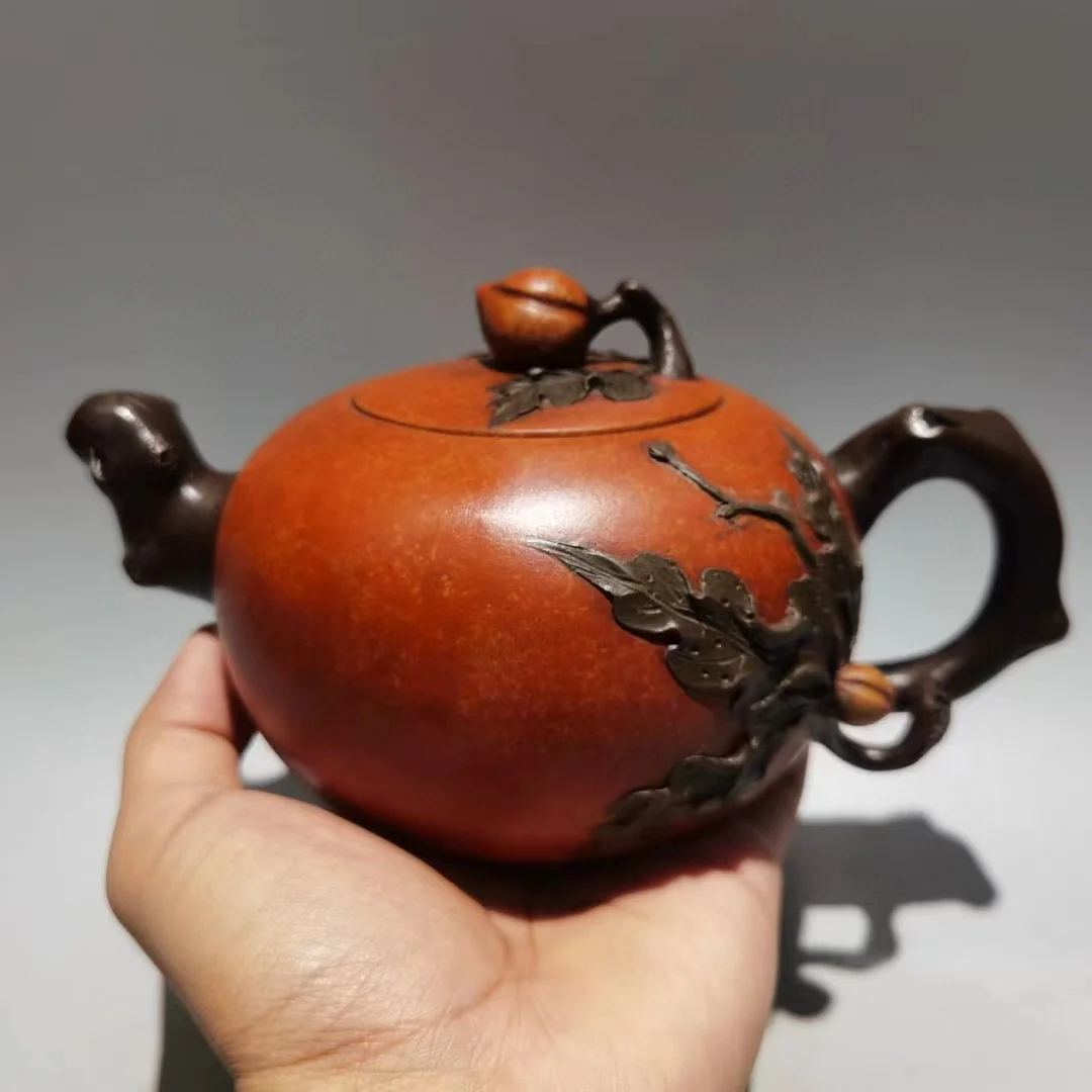 Old Chinese Handcraft Enameled  YiXing Purple Clay  (yellow stoneware) Teapot ,Longevity Peach,with mark,Free shipping